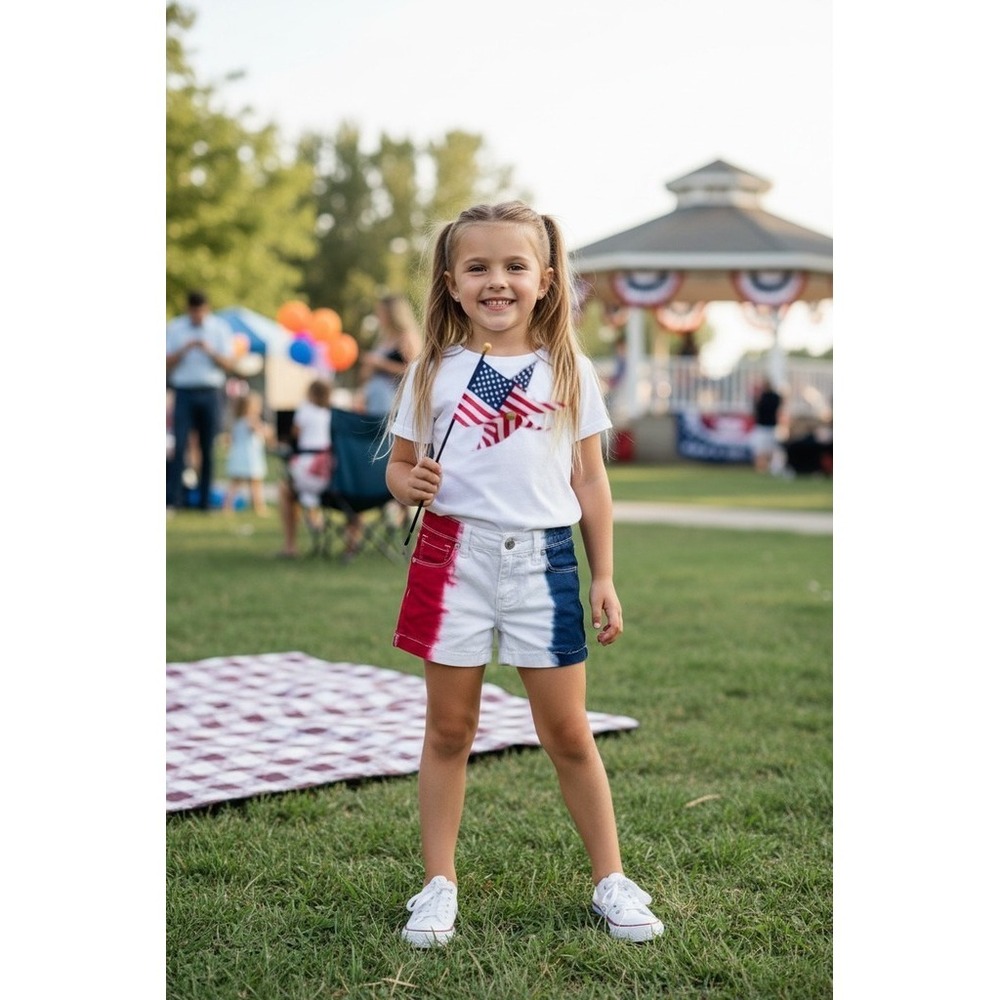 Girls Jean Shorts M Patriotic Red White Blue Dip-Dye Stretch July 4 colorblock